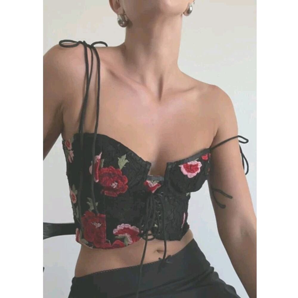 Stitch & Feather NWT Women Bustier Corset Top Red Rose Embroidered Party Fairy